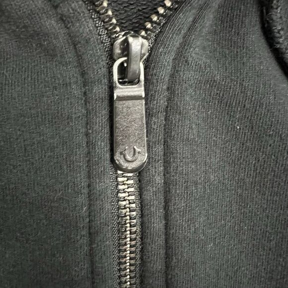 True Religion Hoodie Mens Small Black Gold Chain Spell Out Sleeves Full Zip - Picture 6 of 12
